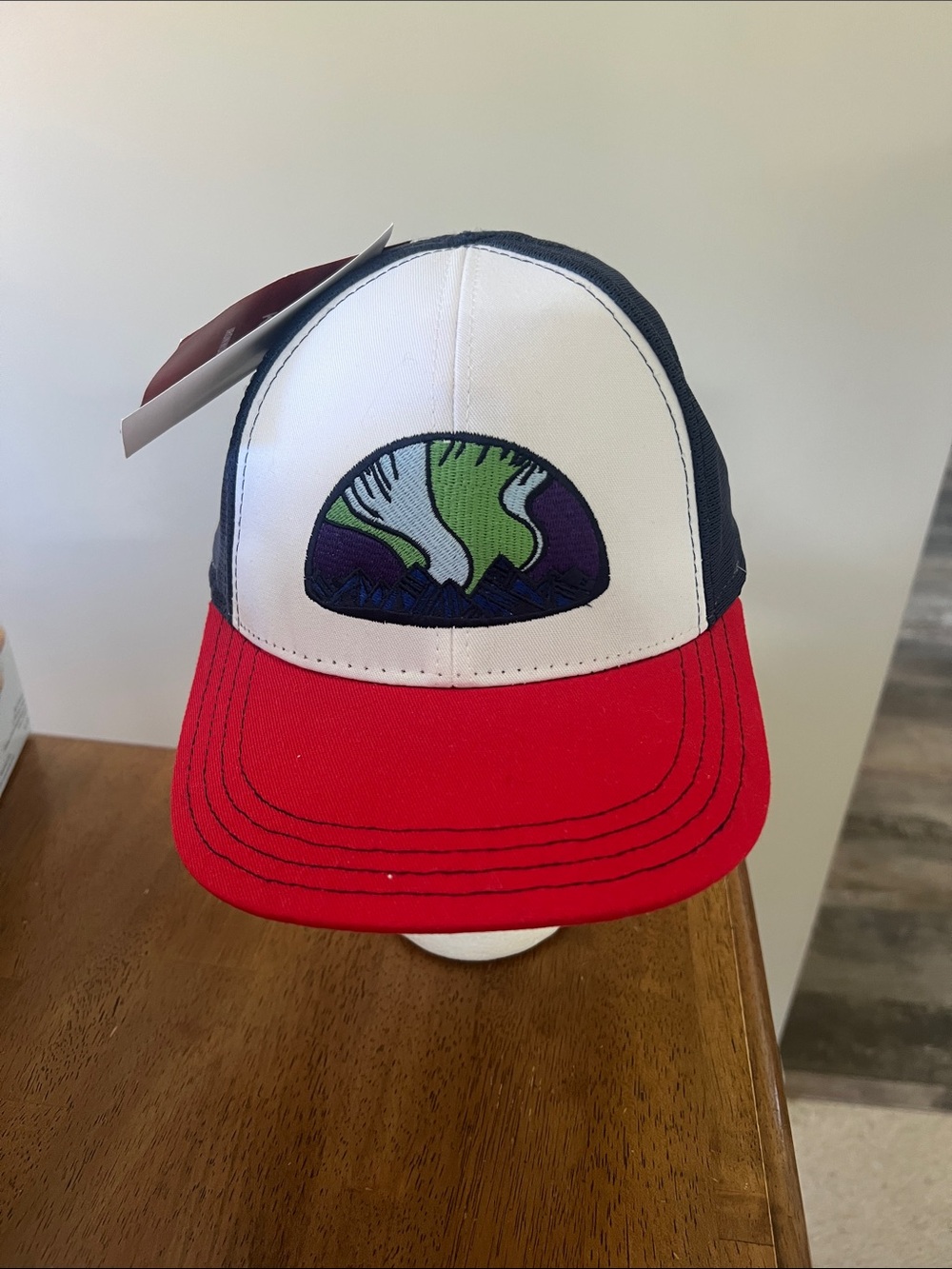 SK Twill Red Brim Trucker Hat White Front Navy Mesh Northern Lights Edition